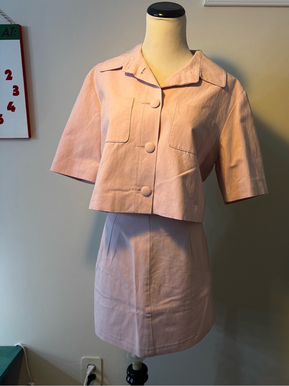 ASOS matching set - Cropped Button-Front Plush Pink mock Linen top & skirt
